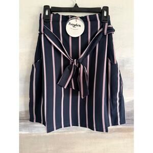Hayden Los Angeles Navy Striped Skirt High Waisted Front Bow Belt - Medium